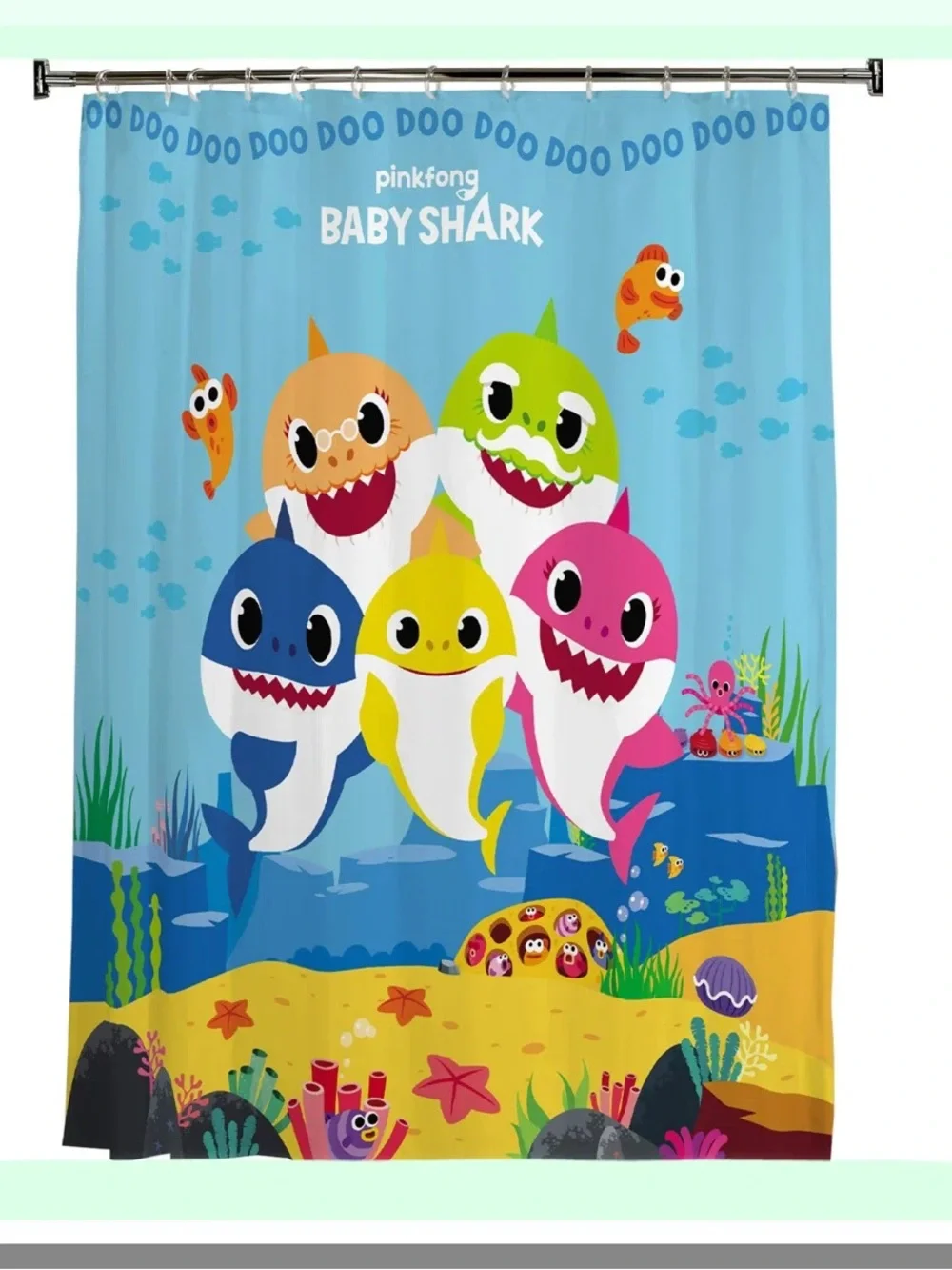 Baby Shark Kids Shower Curtain - Pink, Blue, Yellow, Green, Orange